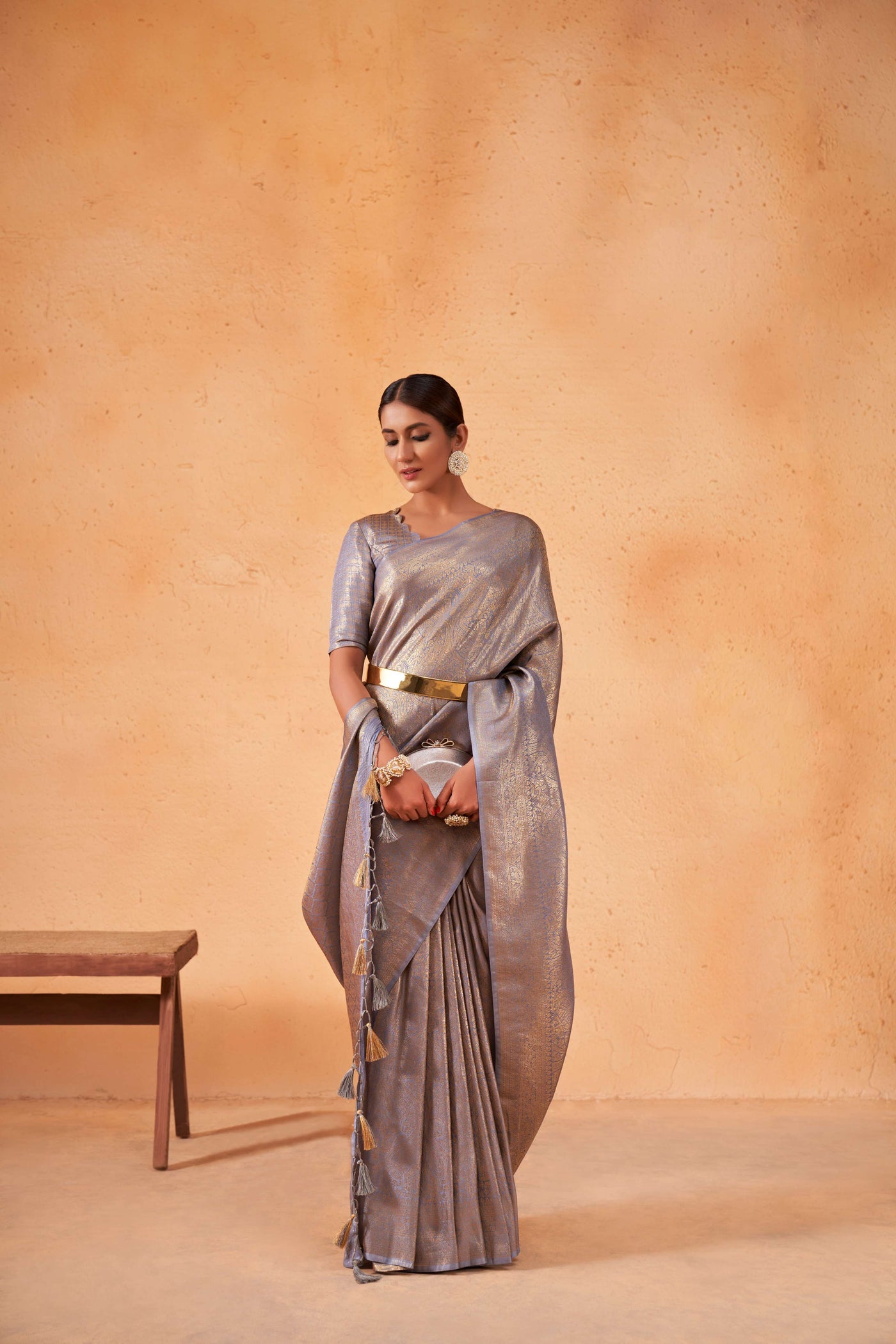 Purple Grey Gold Zari Kanjivaram Silk Saree