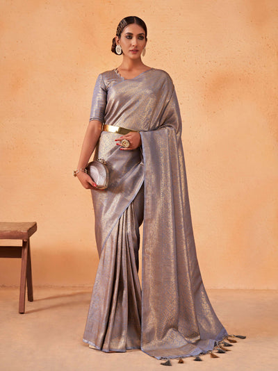 Purple Grey Gold Zari Kanjeevaram Silk Saree