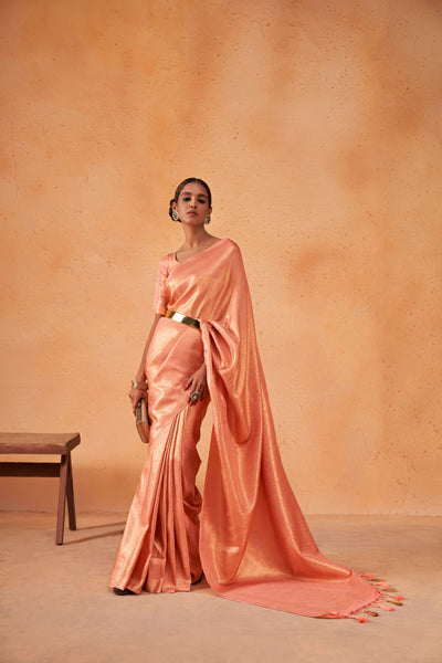 Salmon Orange Gold Zari Kanjeevaram Silk Saree