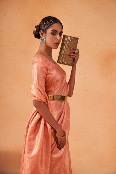 Salmon Orange Gold Zari Kanjeevaram Silk Saree