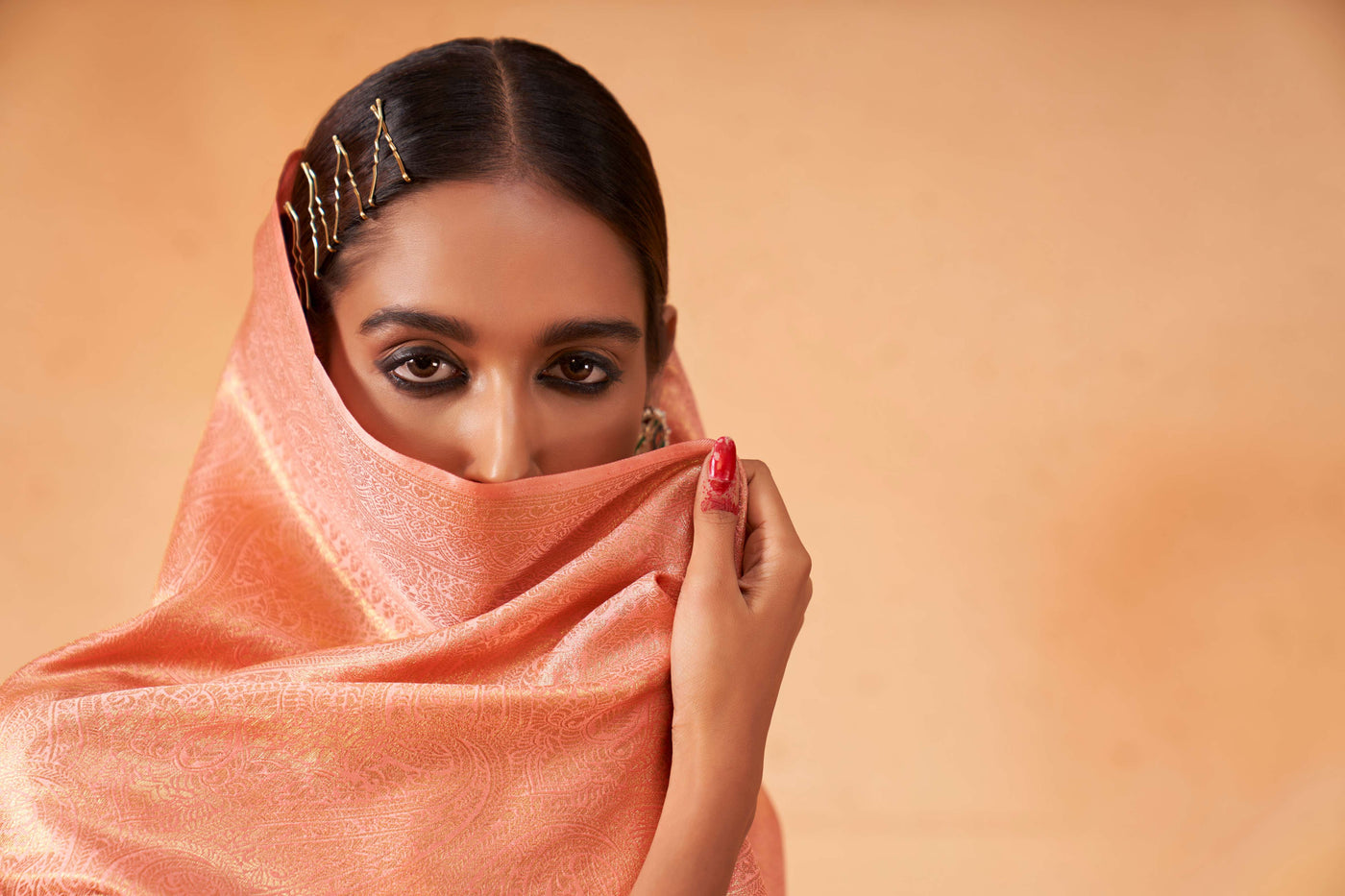 Salmon Orange Gold Zari Kanjeevaram Silk Saree