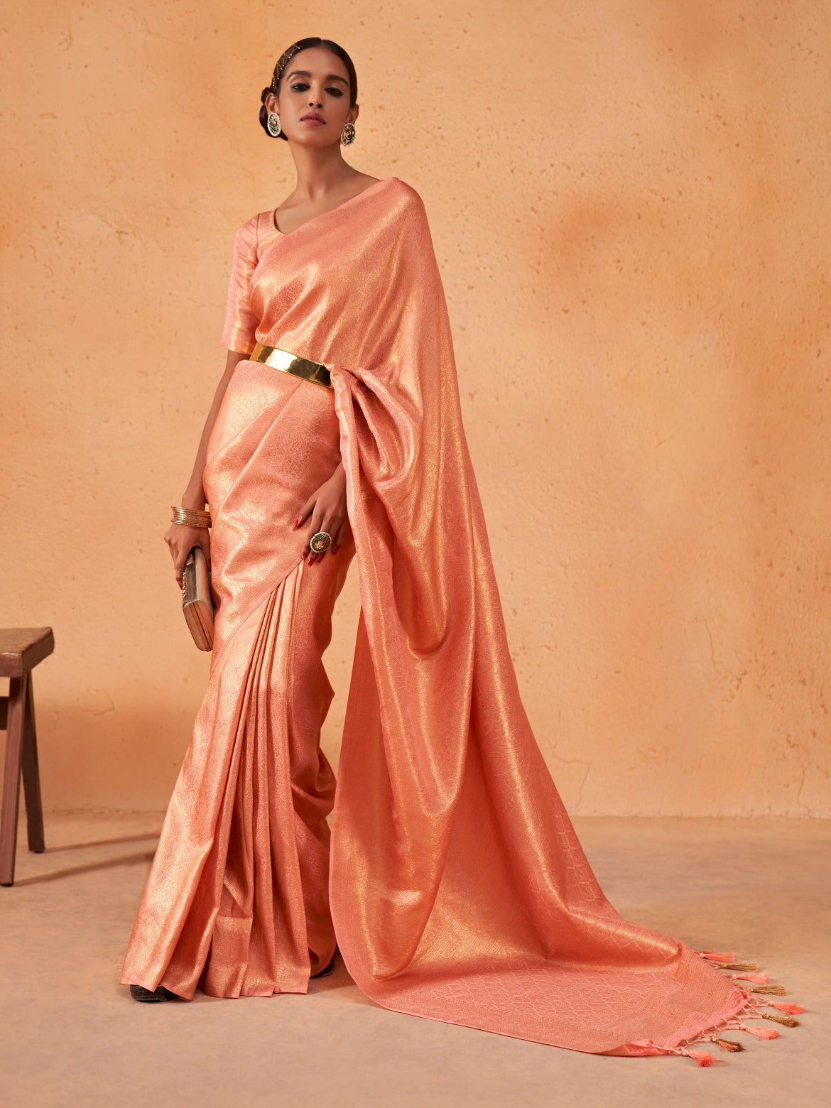 Salmon Orange Gold Zari Kanjeevaram Silk Saree