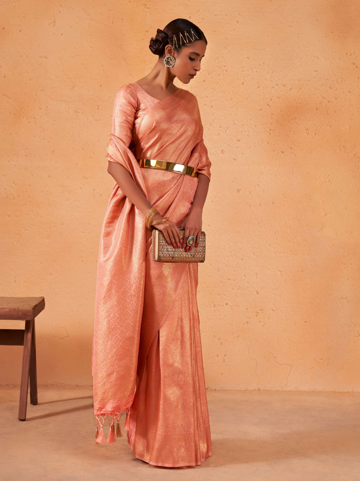 Salmon Orange Gold Zari Kanjeevaram Silk Saree