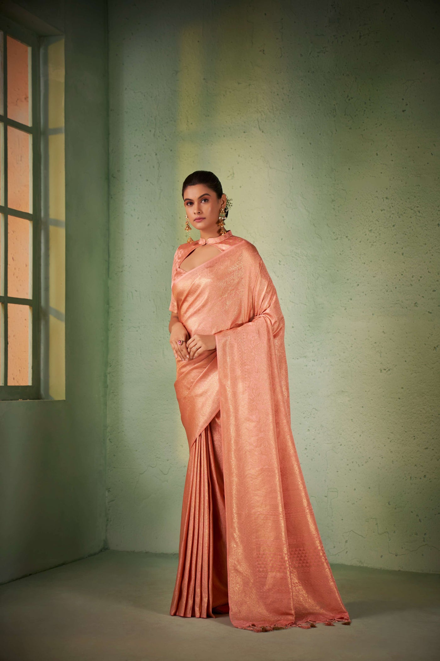 Cherry Pink Gold Zari Kanjeevaram Silk Saree