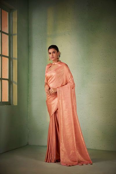 Cherry Pink Gold Zari Kanjeevaram Silk Saree