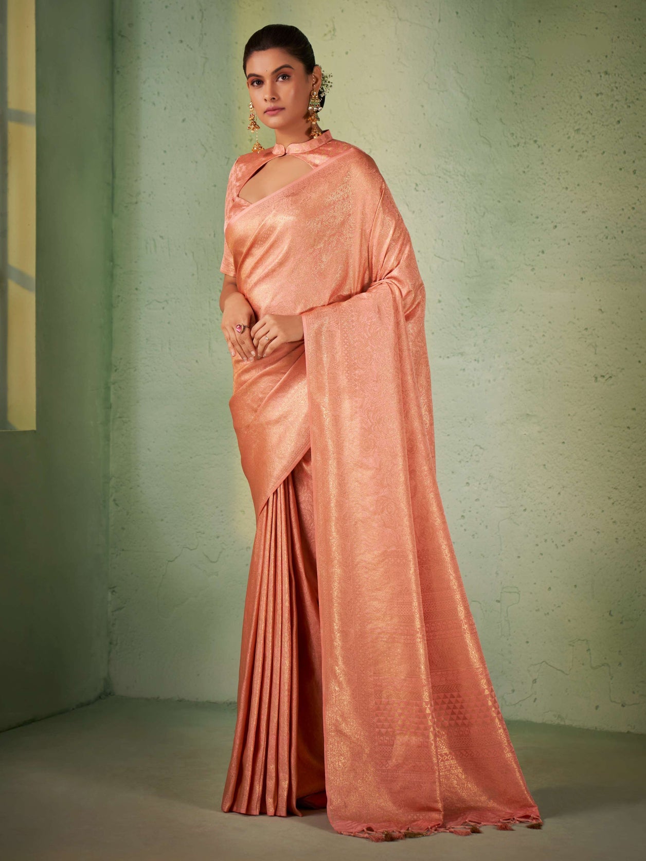 Cherry Pink Gold Zari Kanjeevaram Silk Saree