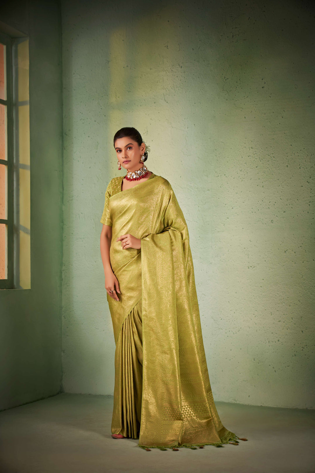 Yellowish Green Gold Zari Kanjivaram Silk Saree
