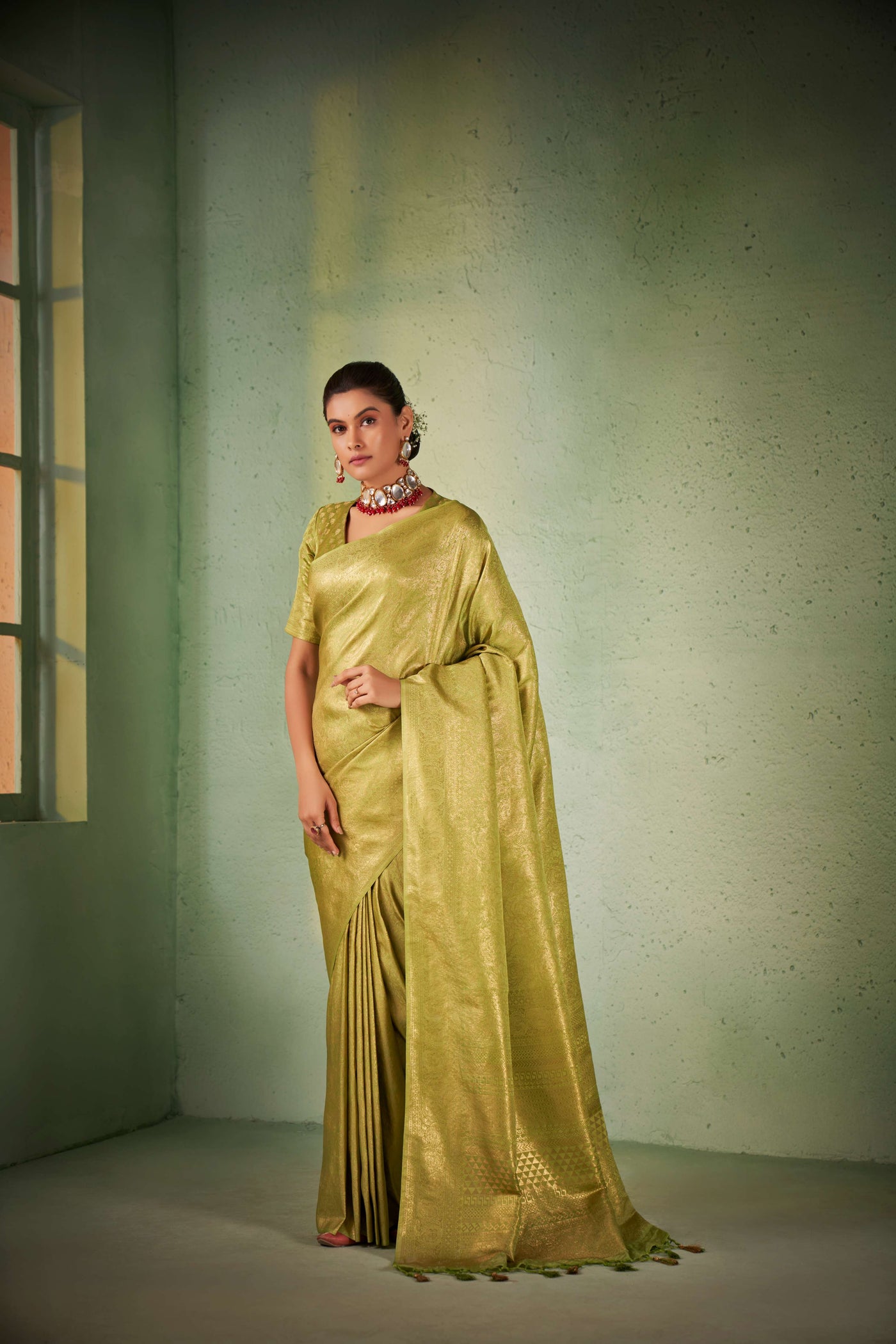 Yellowish Green Gold Zari Kanjivaram Silk Saree