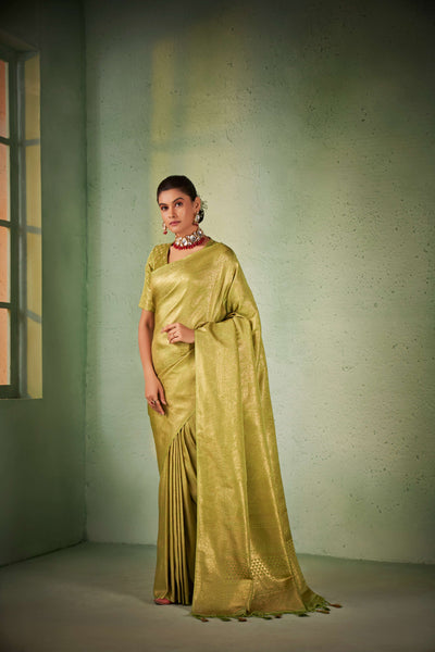 Yellowish Green Gold Zari Kanjeevaram Silk Saree