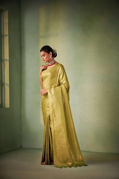 Yellowish Green Gold Zari Kanjeevaram Silk Saree