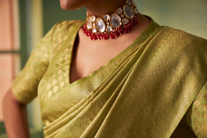 Yellowish Green Gold Zari Kanjivaram Silk Saree