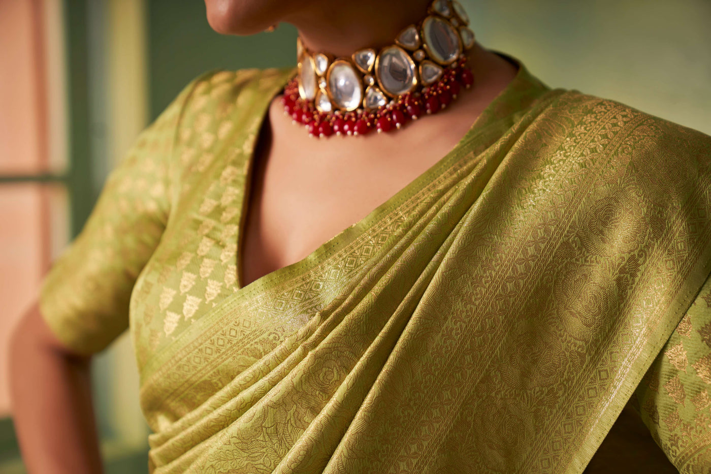 Yellowish Green Gold Zari Kanjivaram Silk Saree