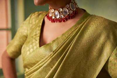 Yellowish Green Gold Zari Kanjeevaram Silk Saree