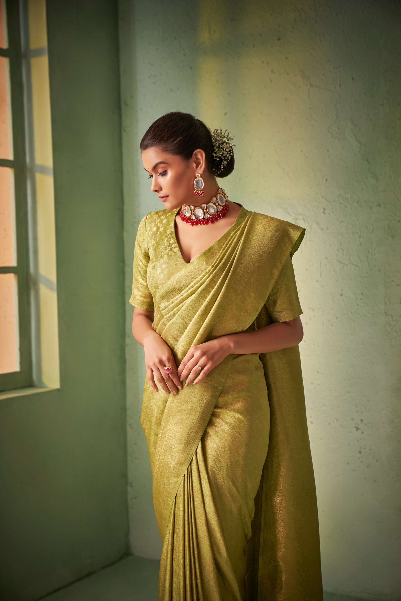 Yellowish Green Gold Zari Kanjeevaram Silk Saree