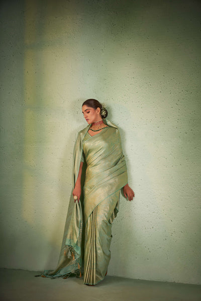 Moss Green Gold Zari Kanjeevaram Silk Saree