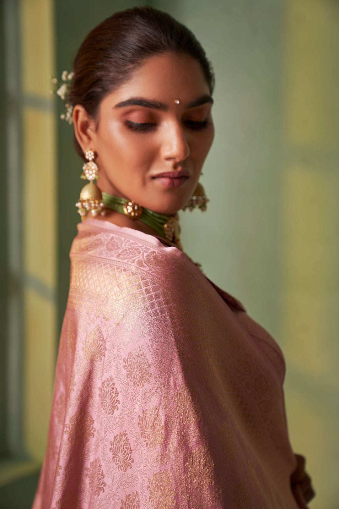 Pastel Pear Gold Zari Kanjivaram Silk Saree