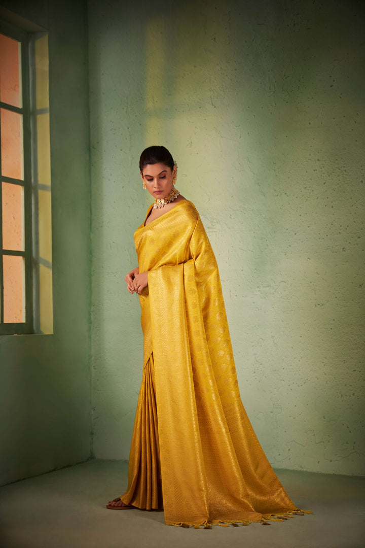 Visitation Yellow Gold Zari Kanjeevaram Silk Saree for Wedding | House of Vardha