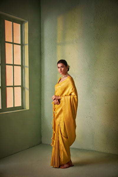 Visitation Yellow Gold Zari Kanjeevaram Silk Saree for Wedding | House of Vardha