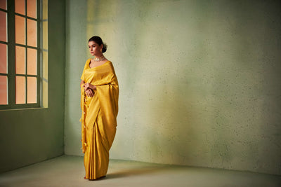 Visitation Yellow Gold Zari Kanjeevaram Silk Saree for Wedding | House of Vardha