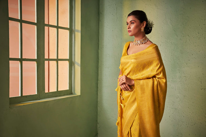 Visitation Yellow Gold Zari Kanjeevaram Silk Saree for Wedding | House of Vardha