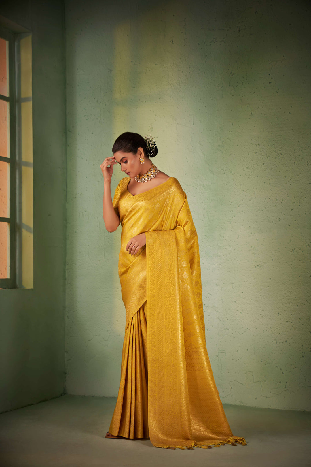 Visitation Yellow Gold Zari Kanjeevaram Silk Saree for Wedding | House of Vardha