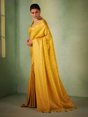 Visitation Yellow Gold Zari Kanjeevaram Silk Saree For Haldi Ceremony 