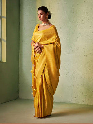 Visitation Yellow Gold Zari Kanjeevaram Silk Saree for Wedding | House of Vardha