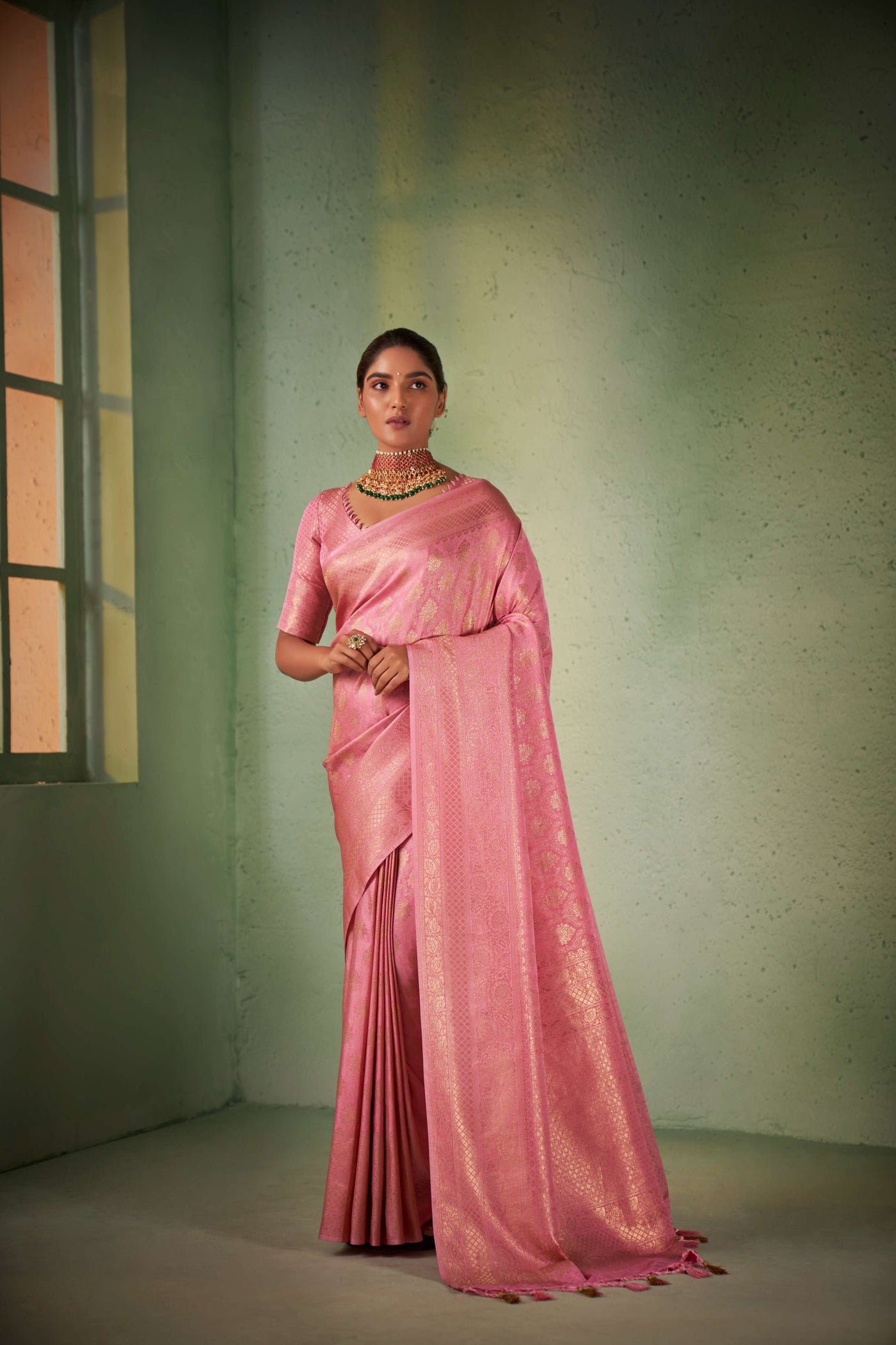 Carnation Pink Gold Zari Kanjeevaram Silk Saree