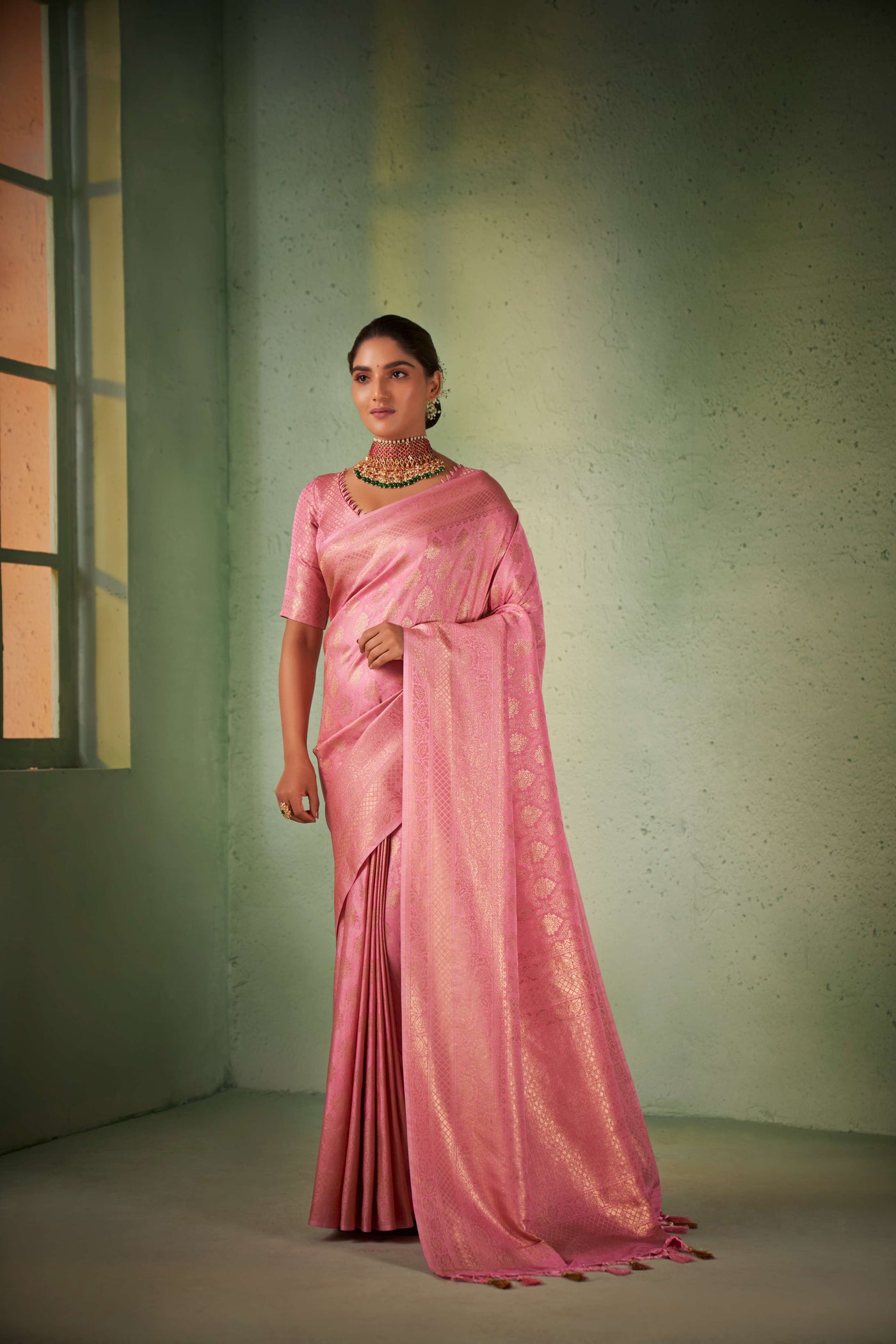 Carnation Pink Gold Zari Kanjeevaram Silk Saree