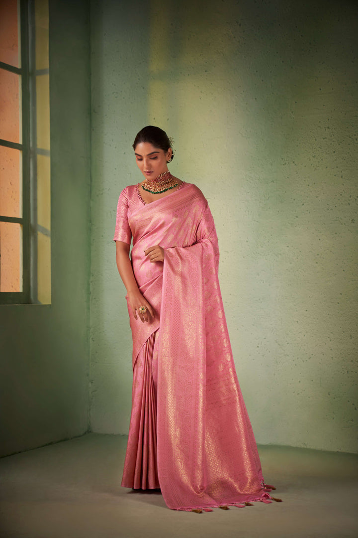 Carnation Pink Gold Zari Kanjivaram Silk Saree