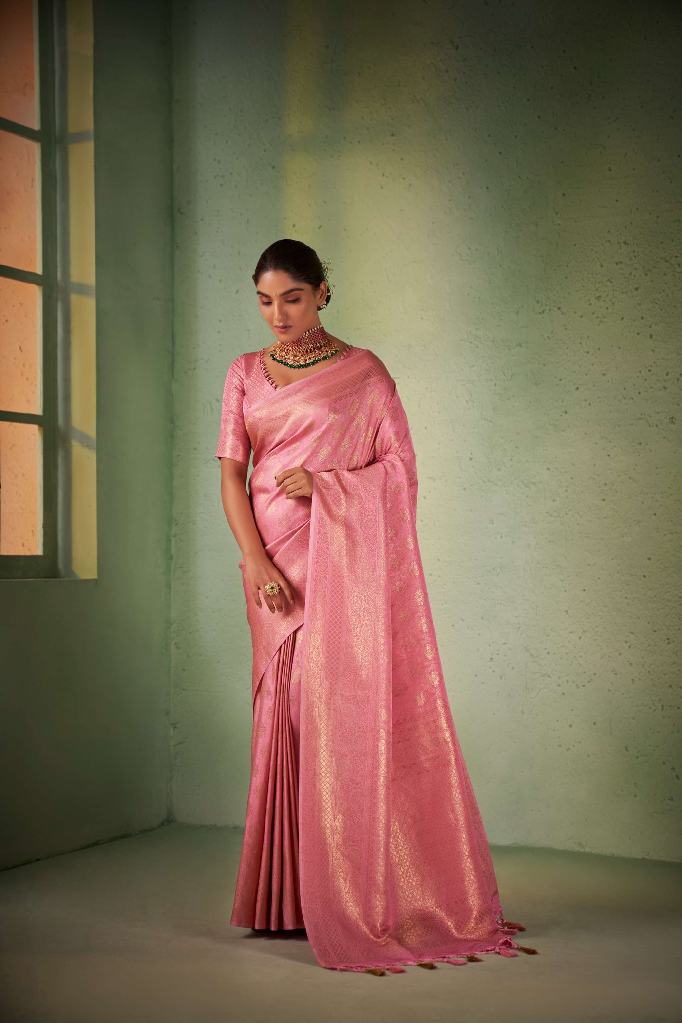 Carnation Pink Gold Zari Kanjivaram Silk Saree