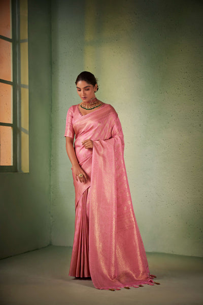 Carnation Pink Gold Zari Kanjivaram Silk Saree