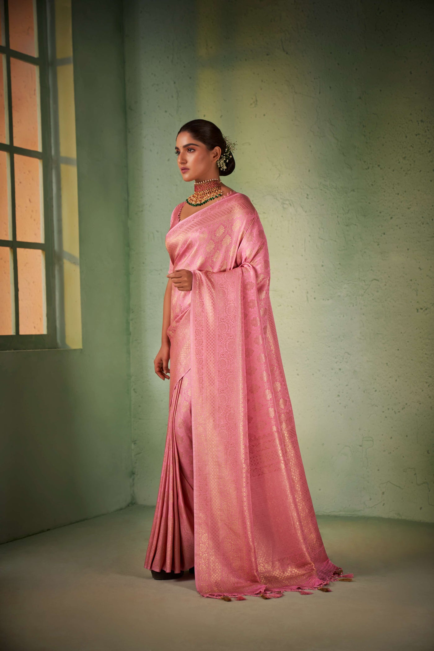 Carnation Pink Gold Zari Kanjeevaram Silk Saree