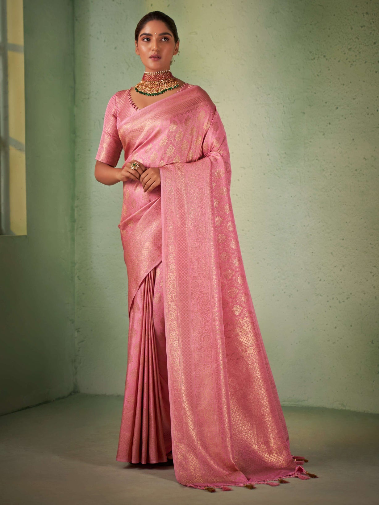 Carnation Pink Gold Zari Kanjeevaram Silk Saree