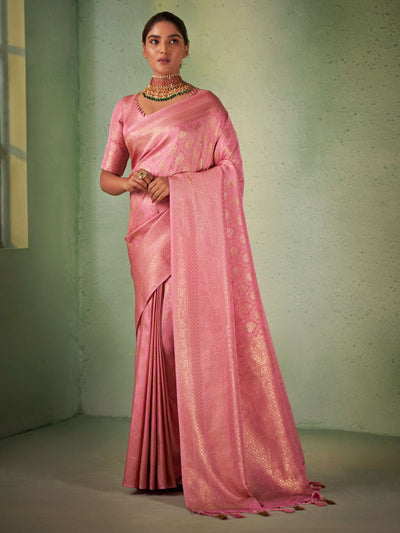 Carnation Pink Gold Zari Kanjeevaram Silk Saree