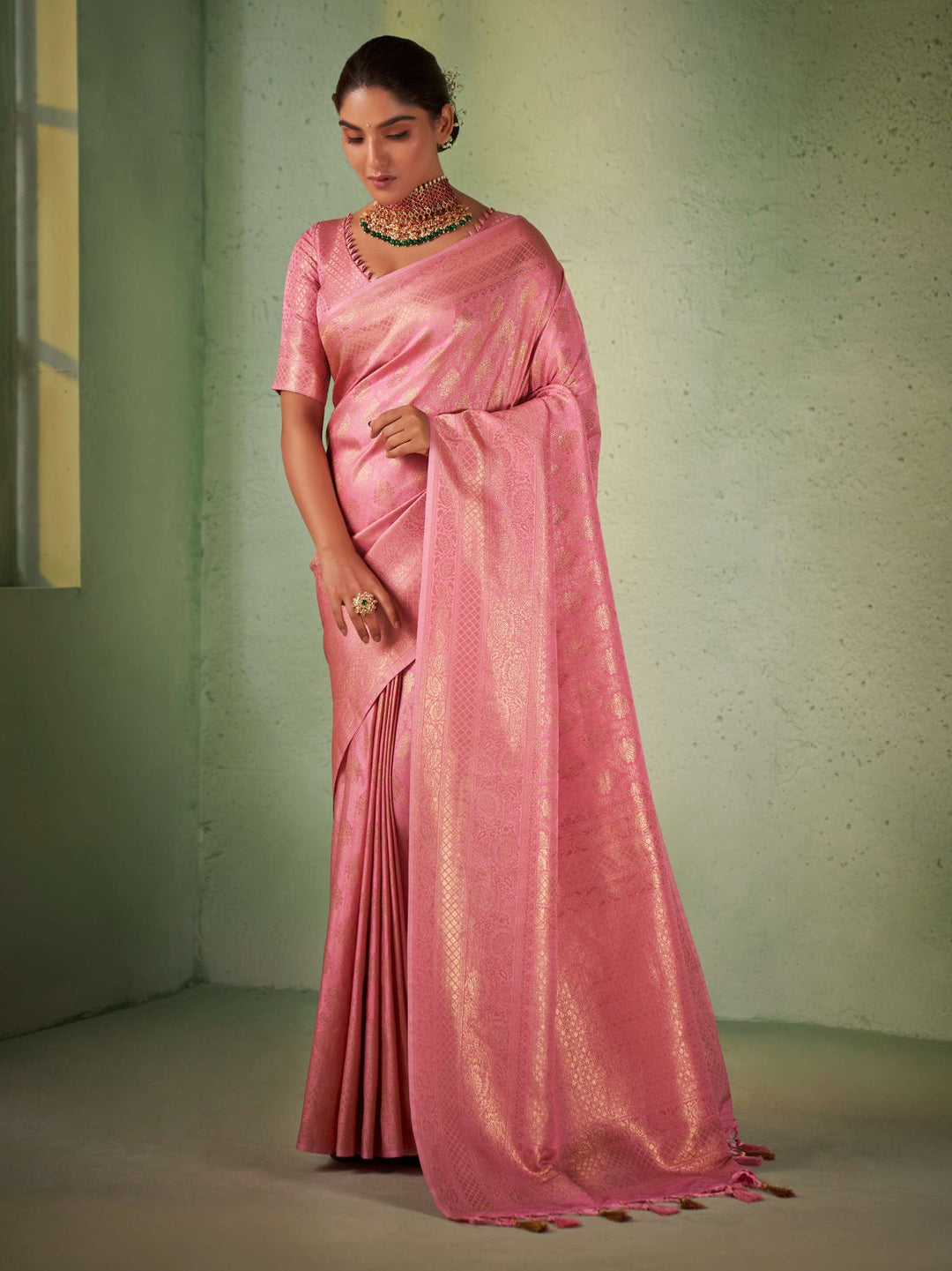 Carnation Pink Gold Zari Kanjivaram Silk Saree