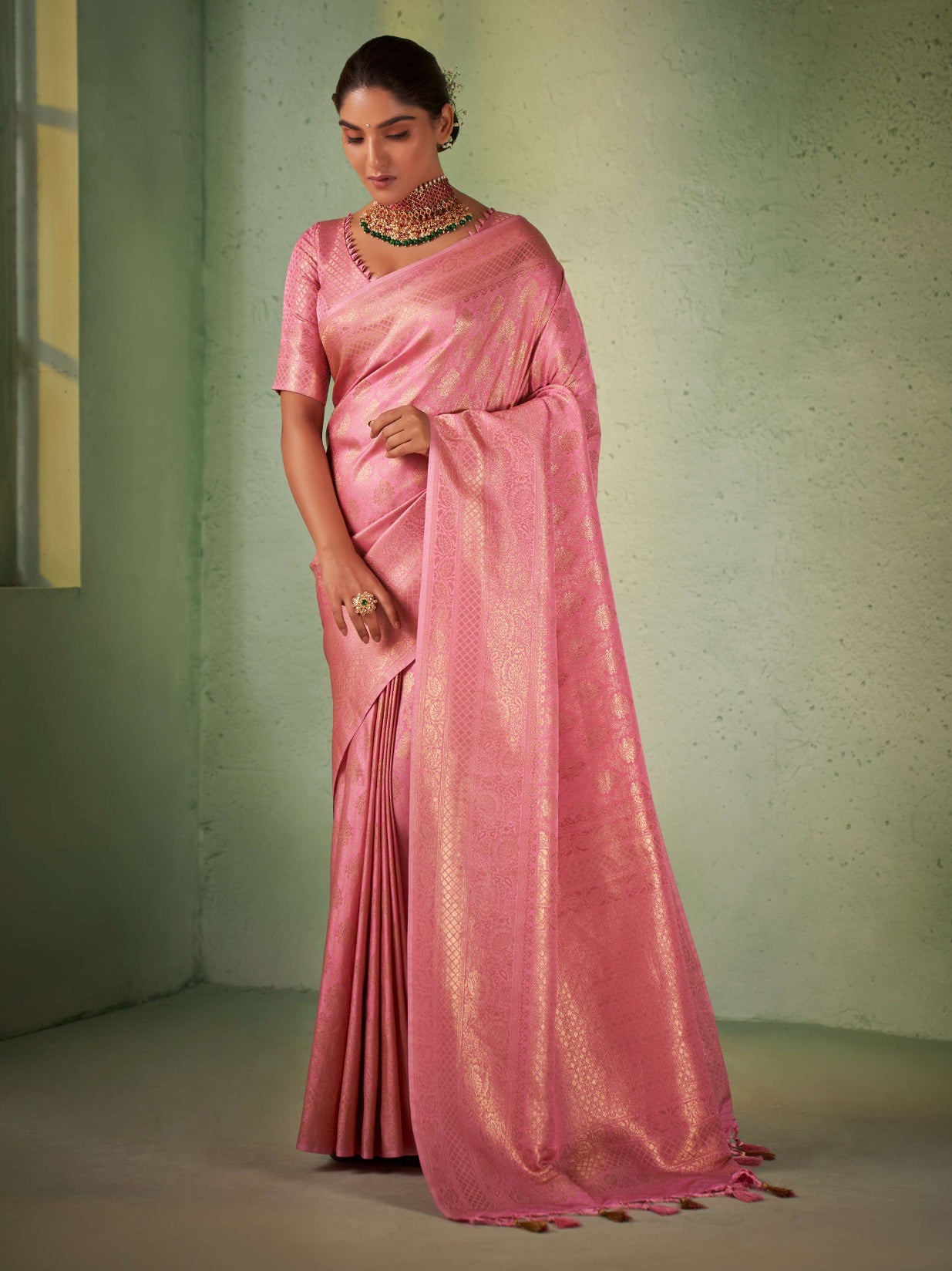 Carnation Pink Gold Zari Kanjivaram Silk Saree