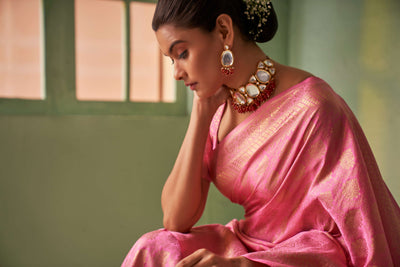Neon Pink Gold Zari Kanjeevaram Silk Saree
