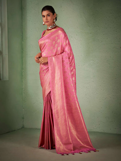 Neon Pink Gold Zari Kanjeevaram Silk Saree