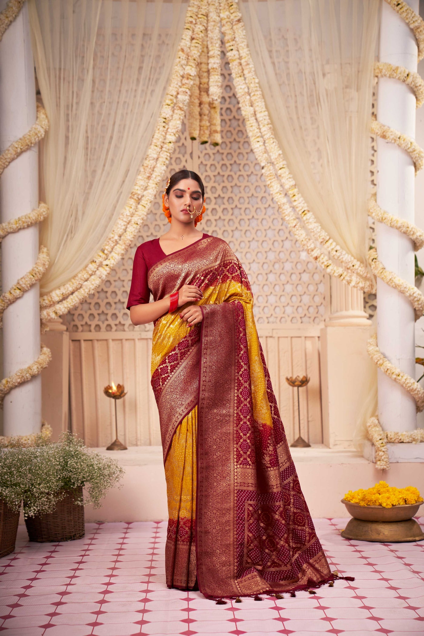 Corn-Rosewood Yellow Gold zari with Bandhej Bandhani Raw Silk Saree | For Haldi Rasam | House of Vardha