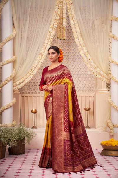 Corn-Rosewood Yellow Gold zari with Bandhej Bandhani Raw Silk Saree | For Haldi Rasam | House of Vardha