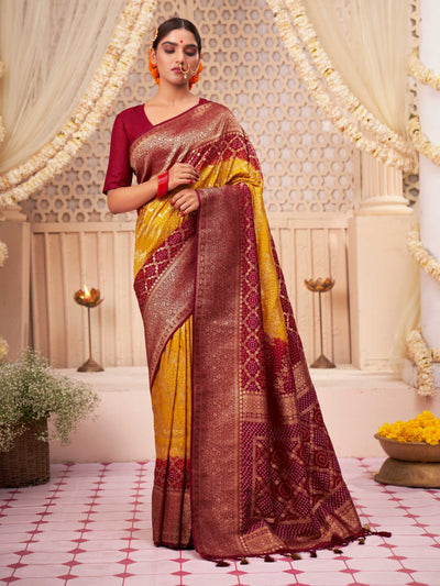 Corn-Rosewood Yellow Gold zari with Bandhej Bandhani Raw Silk Saree | For Haldi Rasam | House of Vardha