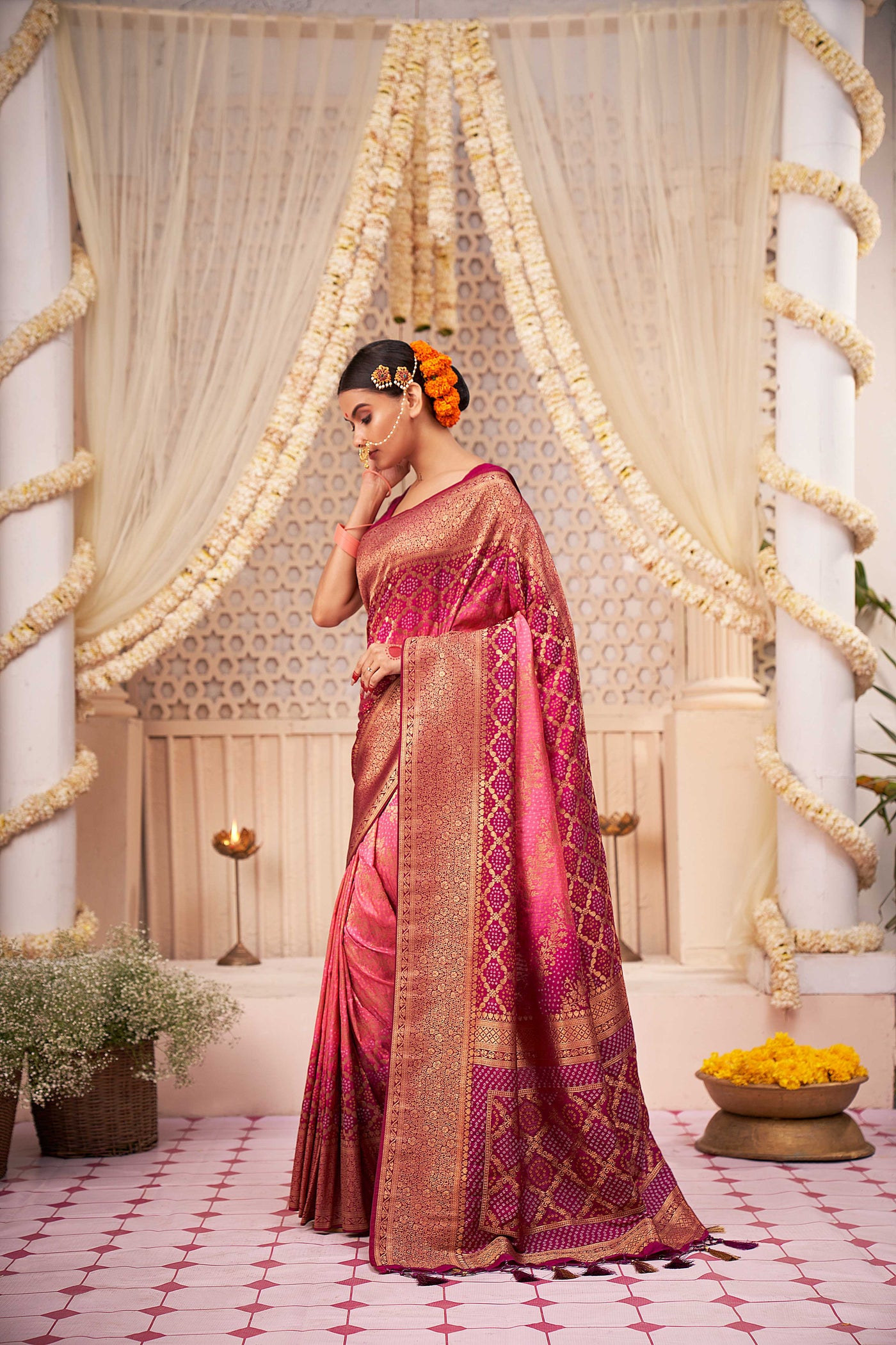 Tyrian Purple Power Pink Gold zari with Bandhej Bandhani Raw Silk Saree | House of Vardha
