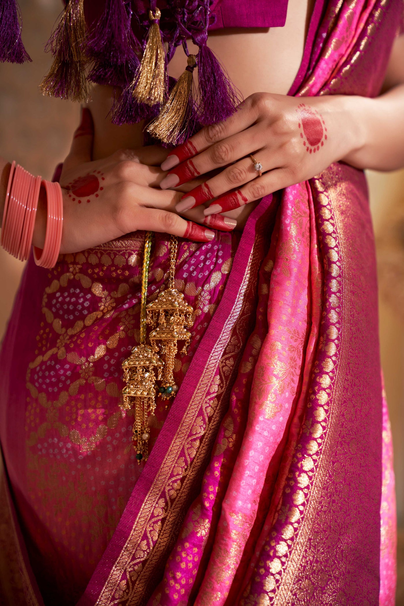 Tyrian Purple Power Pink Gold zari with Bandhej Bandhani Raw Silk Saree | House of Vardha | Saree for Haldi Ceremony