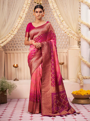 Tyrian Purple Power Pink Gold zari with Bandhej Bandhani Raw Silk Saree | House of Vardha