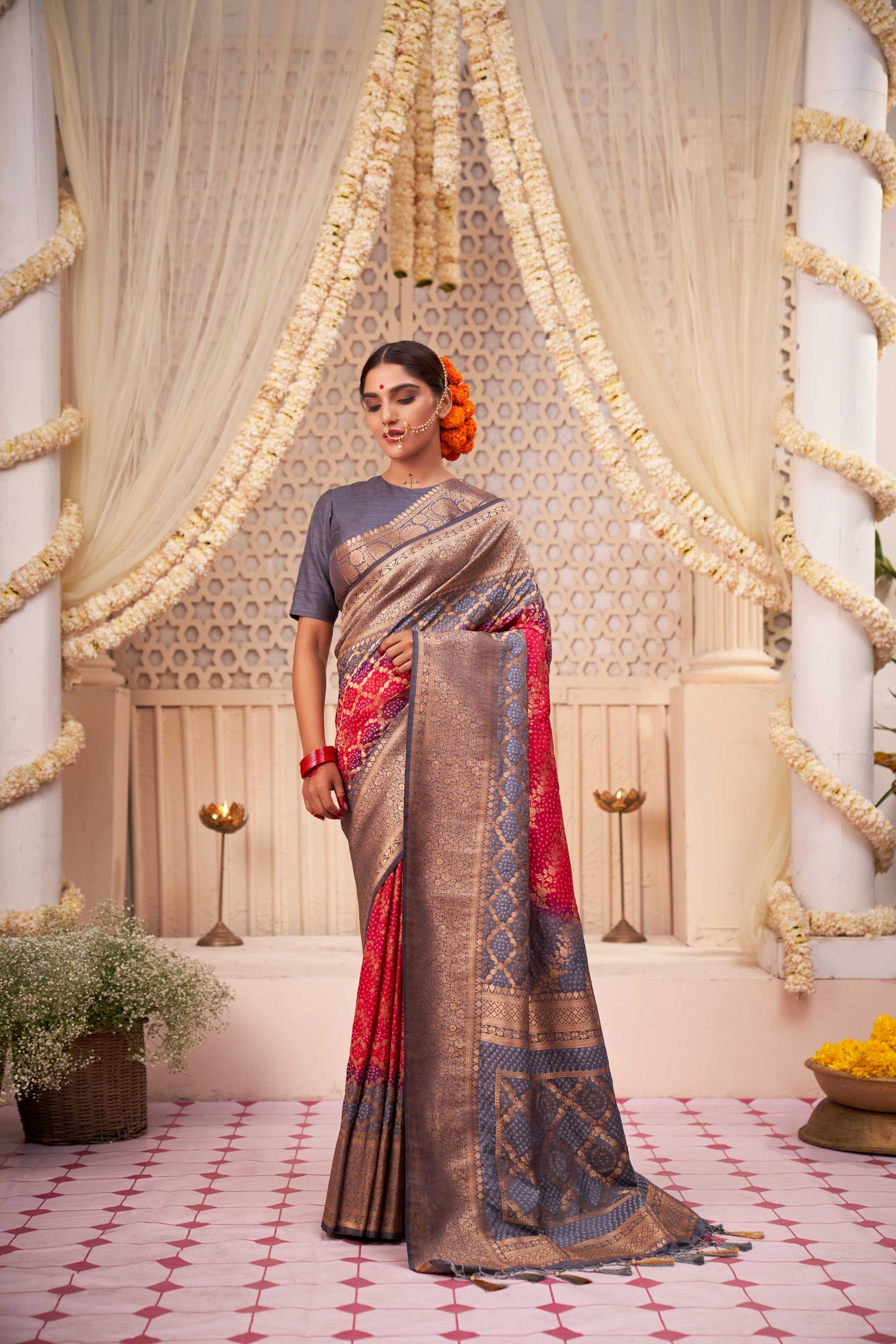 Slate Grey Rose Red Gold zari with Bandhej Bandhani – House of Vardha