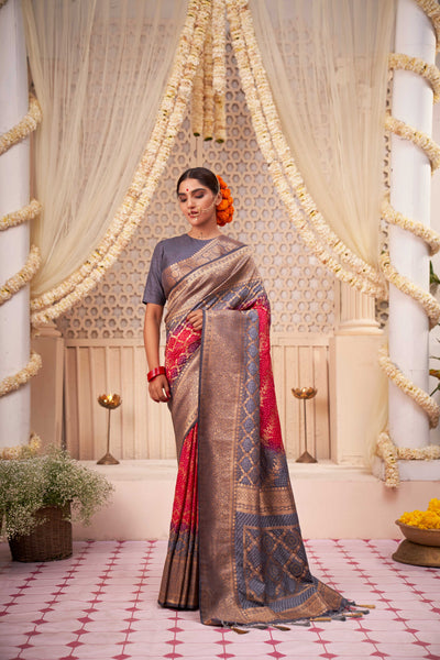 Slate Grey Rose Red Gold zari with Bandhej Bandhani Raw Silk Saree for Farewell | House of Vardha 