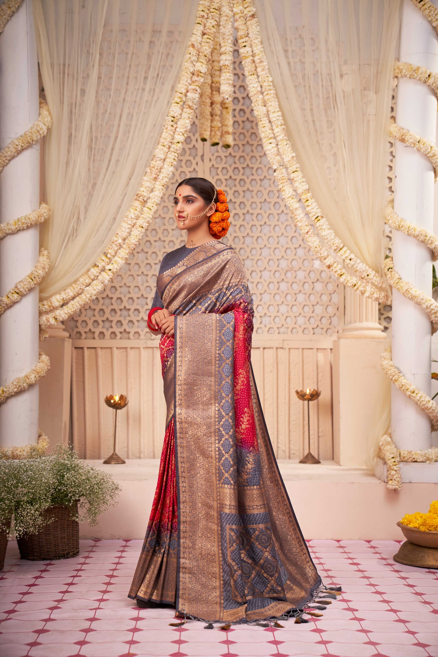 Slate Grey Rose Red Gold zari with Bandhej Bandhani Raw Silk Saree for Farewell | House of Vardha 