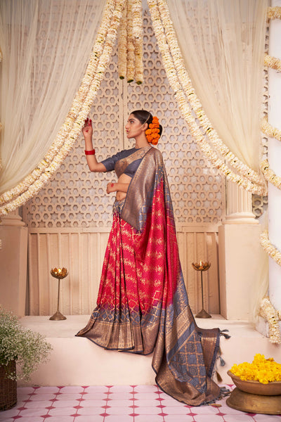 Slate Grey Rose Red Gold zari with Bandhej Bandhani Raw Silk Saree for Farewell | House of Vardha 