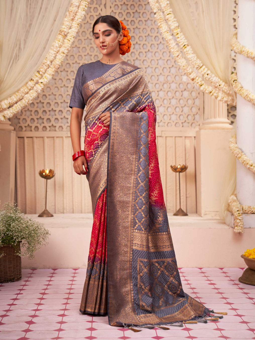 Slate Grey Rose Red Gold zari with Bandhej Bandhani Raw Silk Saree for Farewell | House of Vardha 